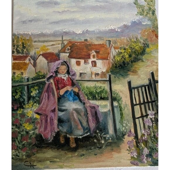 Oil Painting Woman In Countryside Signed Student Artist 8 X 10 Garden Village - Picture 11 of 16